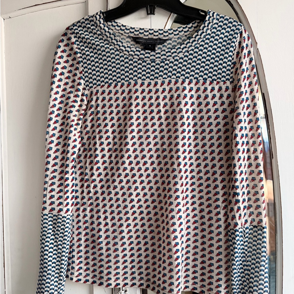 Marc By Marc Jacobs Blue and Red Patterned Long Sleeve Top